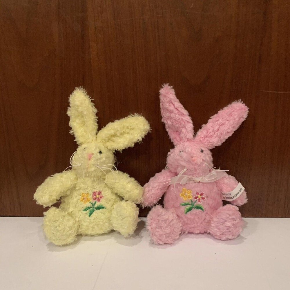 Lot Of 2 Stuffed Bunny Rabbits Yellow / Pink Easter Decor Ornaments